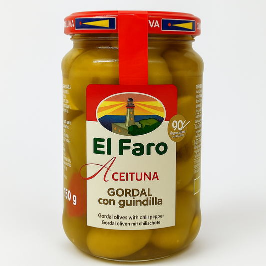 Whole Gordal Olives with Chilli – Spanish Green Olives, Very Spicy (350g Jar)
