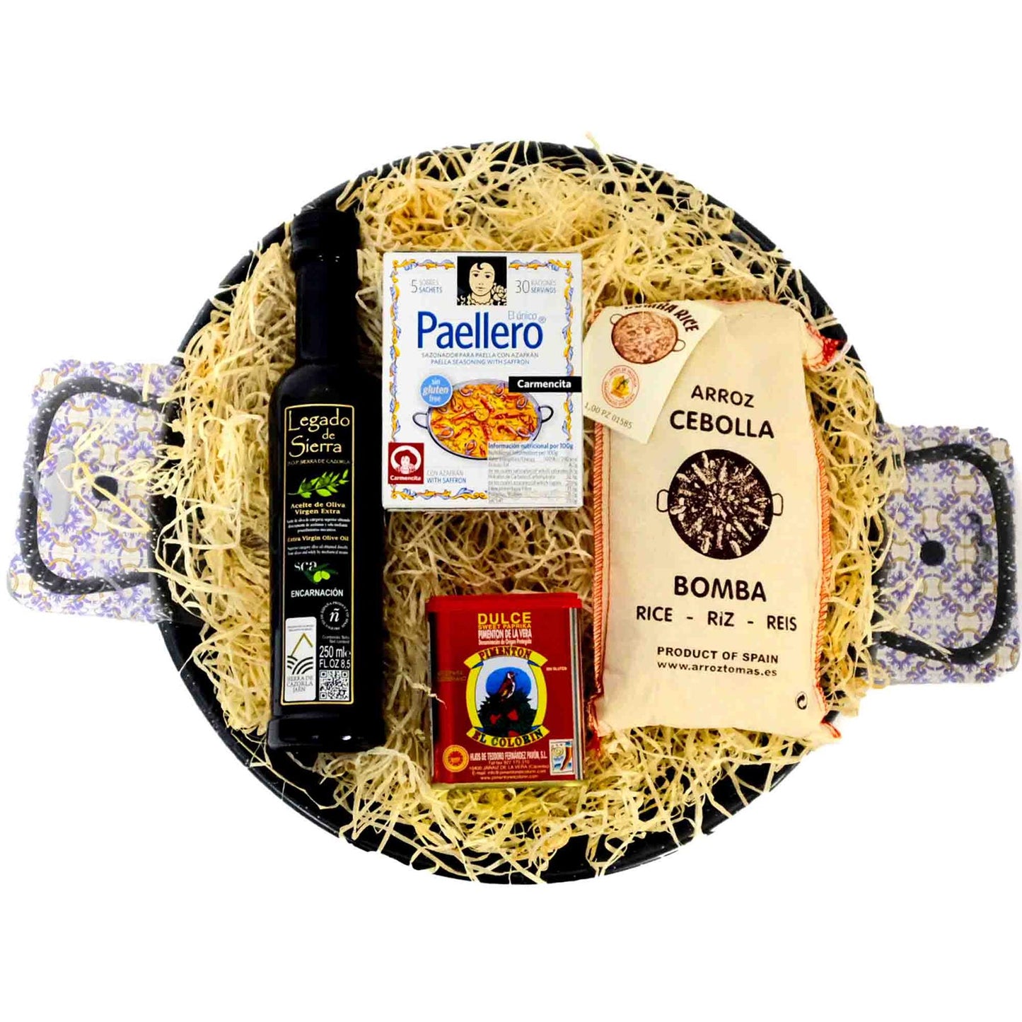 ENAMELLED PAELLA HAMPER SET with 30cm Pan, Bomba Rice, Olive Oil, Spices 4 people